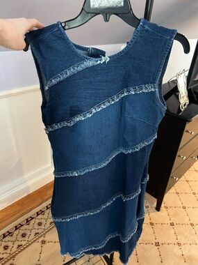 VENUS Dark Blue Denim Mini Dress with Frayed Trim